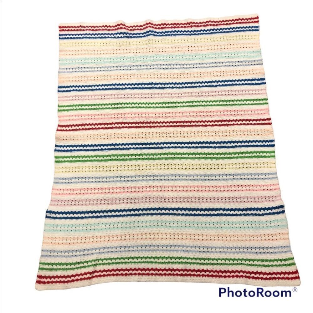 Hand Crochet Afghan Blanket Rainbow Stripes  47”x37”
